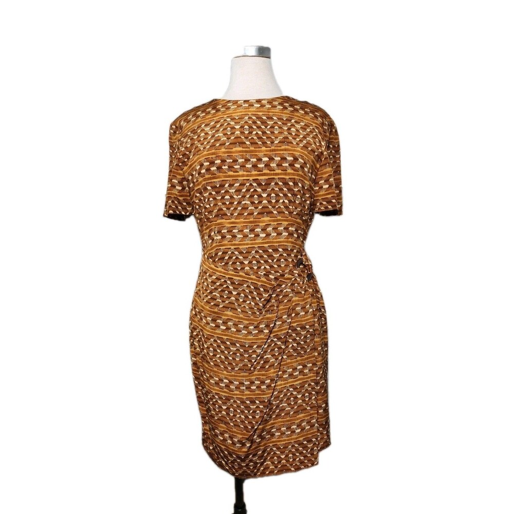 Evan-Picone Vintage Brown Wrap Dress 100% Silk Womens 8 Lined Wooden Ring